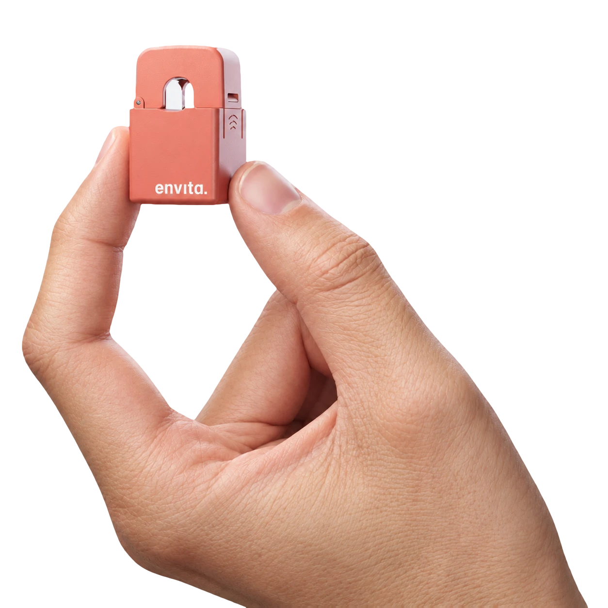 A hand holding an Envita Hype 60 sensor in a factory hall.
