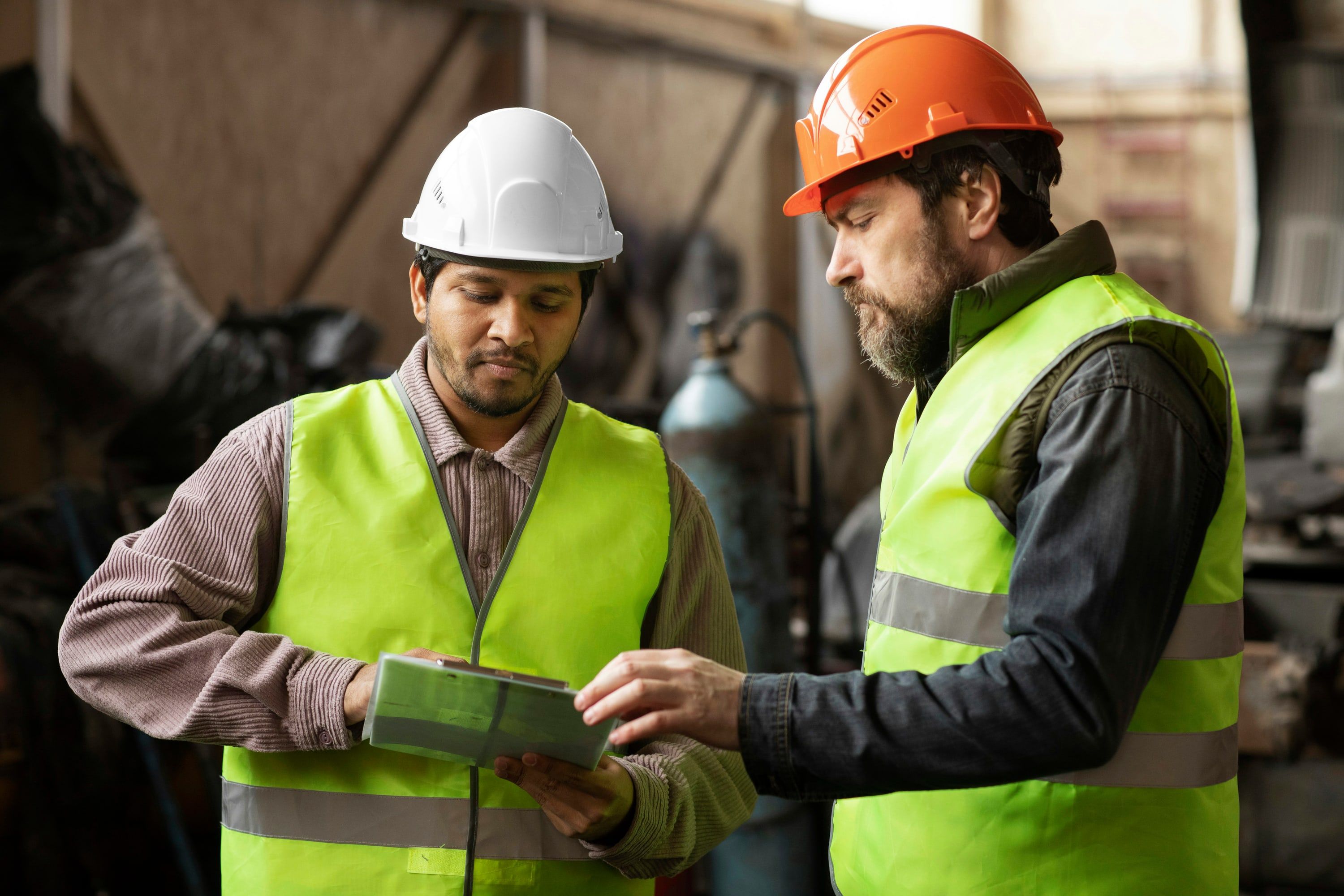 Two engineers in hard hats and high-visibility vests reviewing data on a tablet in a factory.